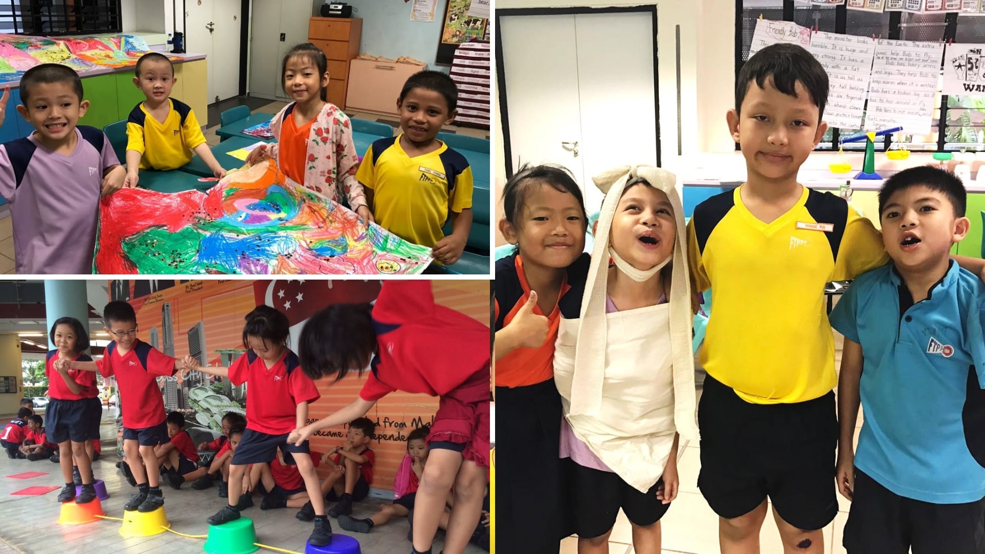 Young students take part in art, teamwork and role-play activities, creating artwork, balancing on platforms and performing in costume.